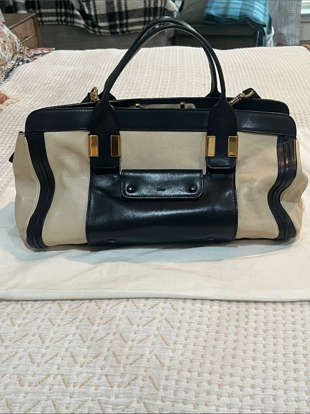 Vintage Chloe Black and Cream Leather Satchel with Gold Hardware